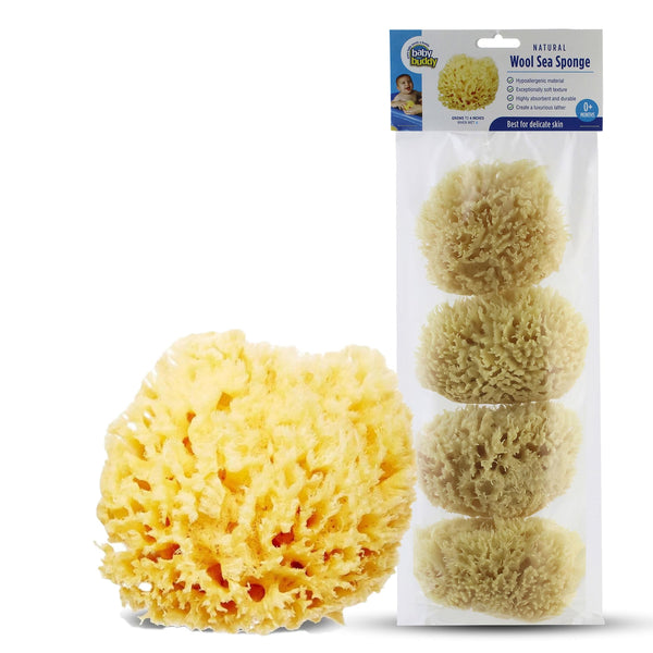 Baby Buddy Natural Wool Sea Sponge, Newborn Bath Time Essential, Ultra Soft for Delicate Skin, Hypoallergenic and Biodegradable, 4 Pack