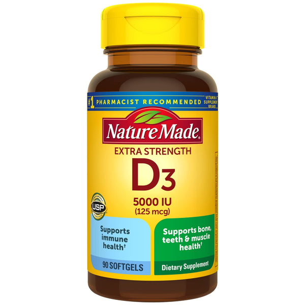 Nature Made Extra Strength Vitamin D3 5000 IU (125 mcg), Dietary Supplement for Bone, Teeth, Muscle and Immune Health Support, 90 Softgels, 90 Day Supply