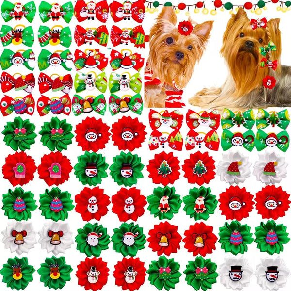 40pcs Christmas Dog Bow Flower with Rubber Band,Puppy Yorkie Dog Hair Bows with Cartoon Patch，Pet Small Dog Girl Flower Christmas Hair Topknot Bowknot Hair Accessories Pet Grooming for Christmas