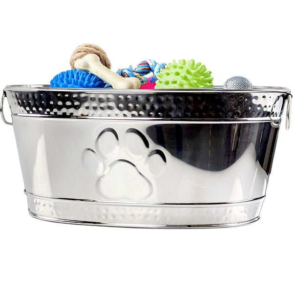 Metal Indestructible Dog Toy Bin - Steel Dog Toy Basket with Handles, Pet Toy Box, Oval for Blankets, Leashes, & Toys for Aggressive Chewers - Pawprint Design Home Decor (Silver)