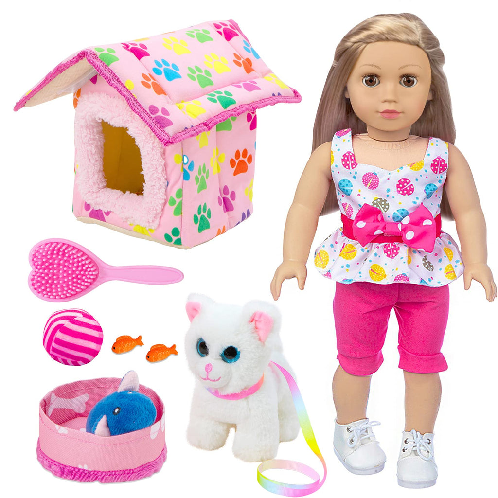 ZNTWEI American Doll Clothes and Accessories - Pet Kitty Play Set fit 18 Inch American Doll Including Pet Nest, Cat Pot, 18 Inch Clothes, Toy Ball, Hair Comb, Toy Fish