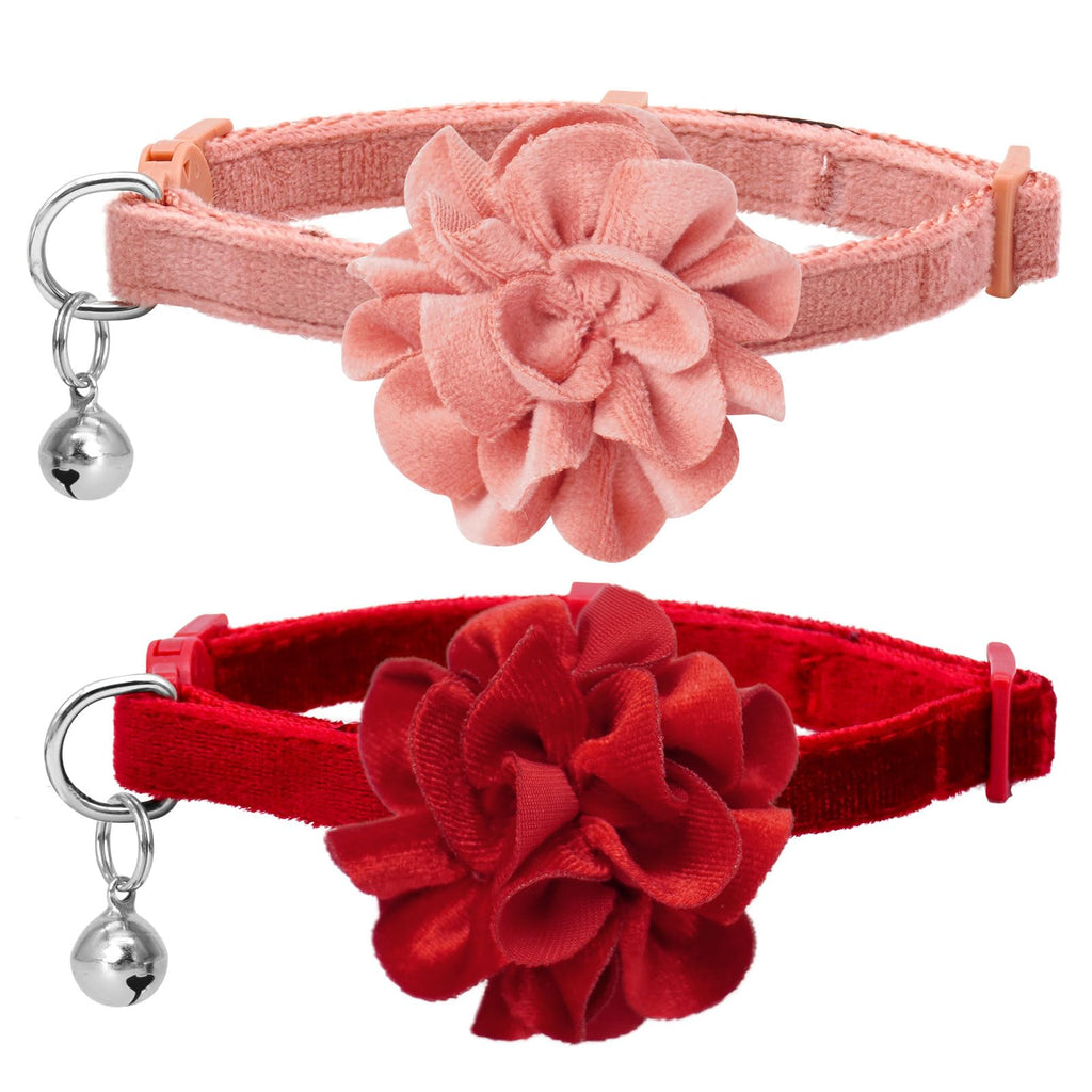 azuza 2 Pack Cat Collar Floral with Bell and Removable Flower Bowtie Breakaway Adjustable Velvet Fabric Cat Collar for Pets Valentine's Day Gift and Daily Decoration，Wine Red & Rose Pink