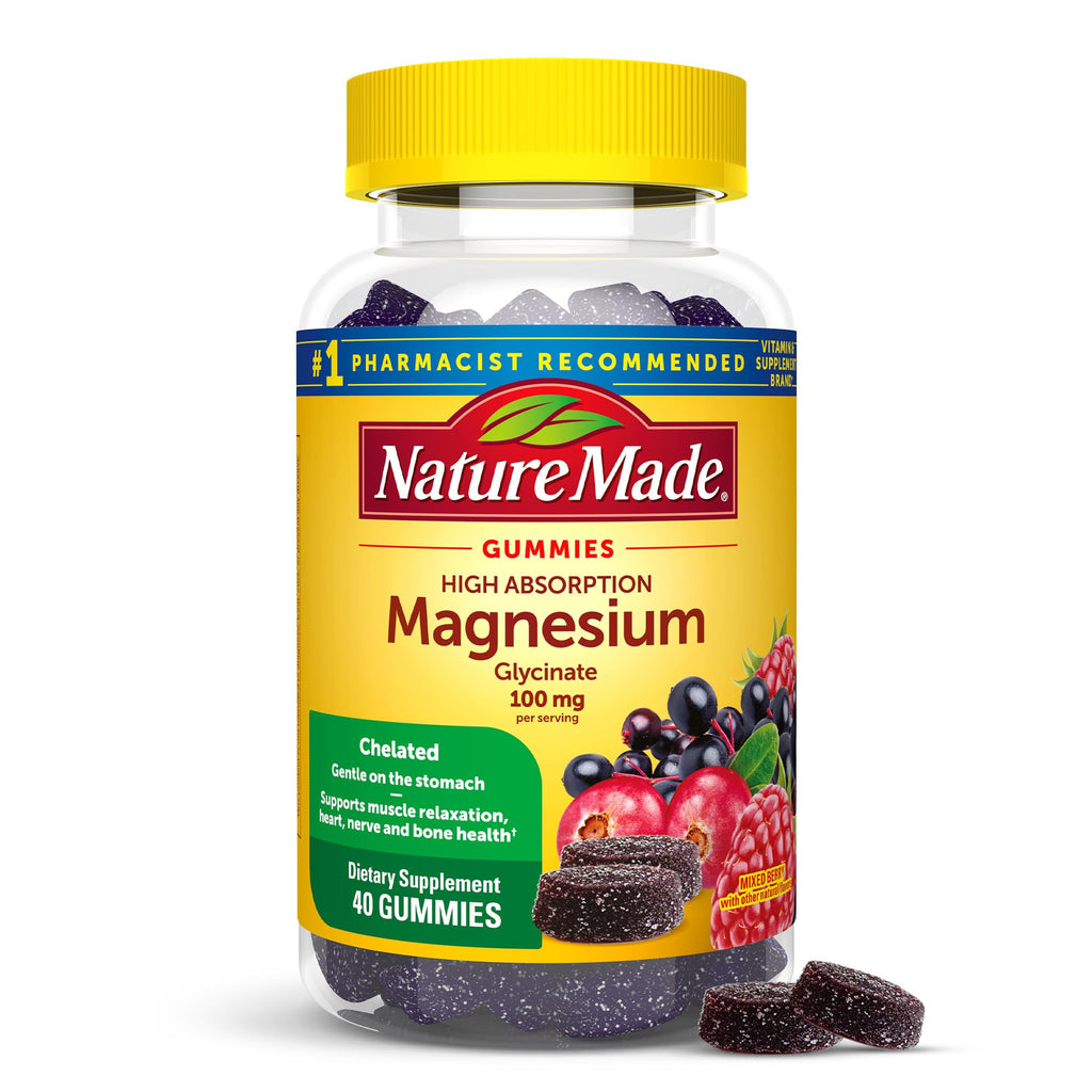 Nature Made High Absorption Magnesium Glycinate Gummies 100 mg per Serving, Muscle, Nerve, Bone and Heart Support, Magnesium Supplement, 40 Magnesium Gummies, 20 Day Supply