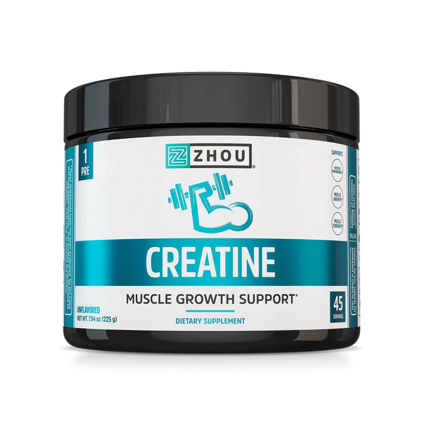 Zhou Nutrition Creatine Monohydrate Powder, Pure Unflavored Creatine Powder, Workout Recovery, Physical Performance Support, Vegan, Non-GMO, Gluten Free, Made Without Soy, 45 Servings
