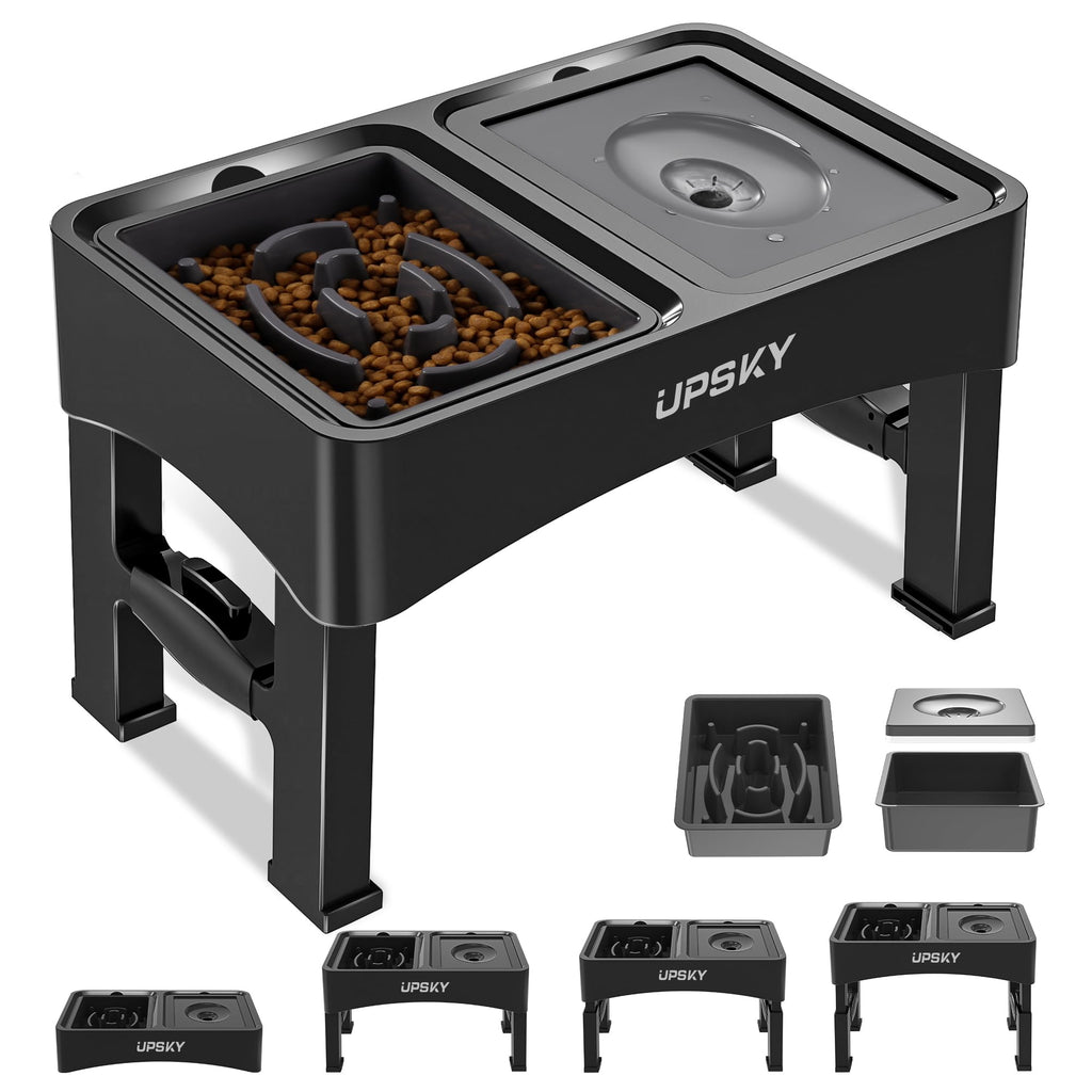 UPSKY 2-in-1 Elevated Bowls Slow Feeder, 4 Height Adjustable Raised Stand No Spill Water Dispenser, Anti-Slip Food and Water Bowl for Small Medium Dogs, Black