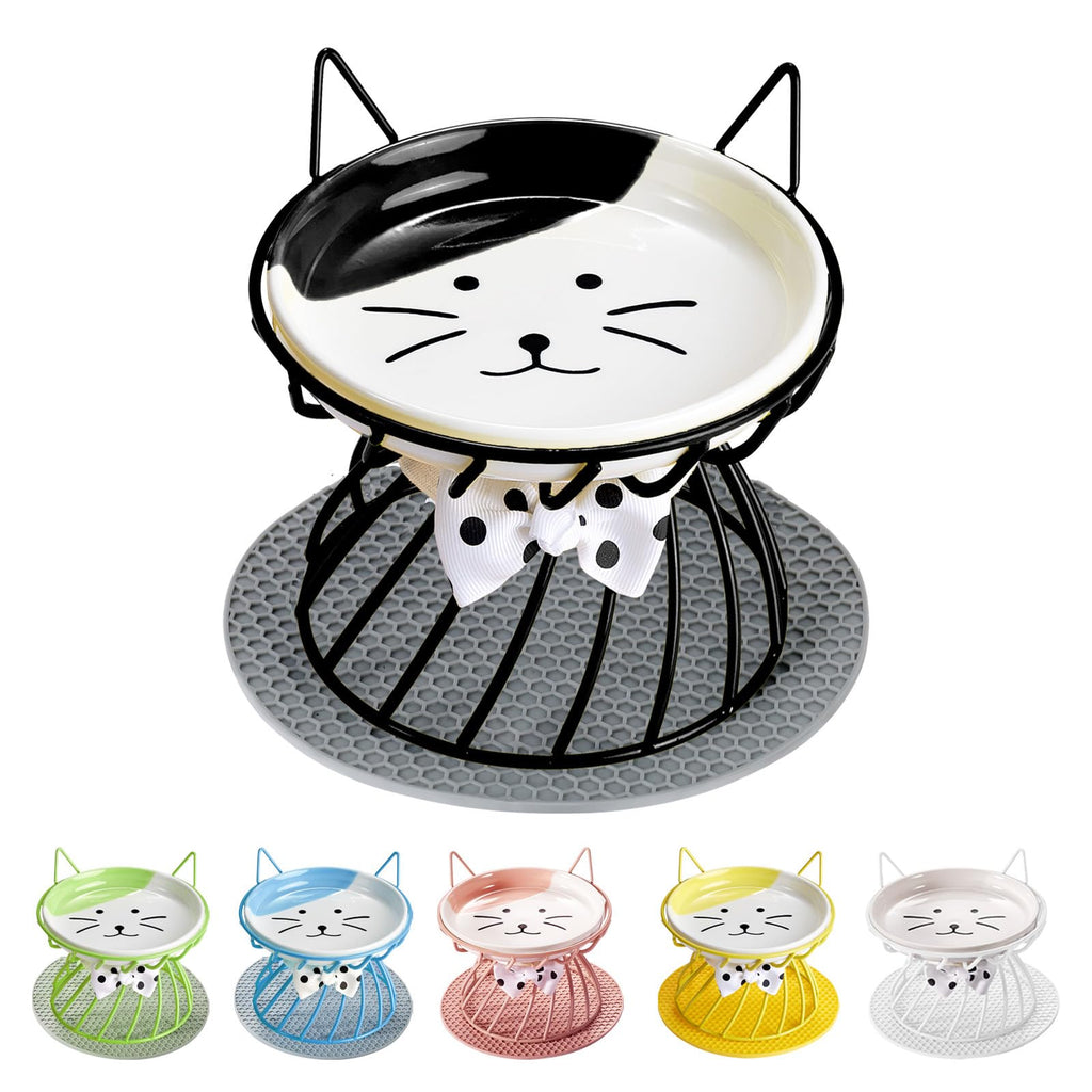 TRUNDISAN Elevated Cat Food Dish, Ceramic, Non-Slip Stand, Raised Feeding Station, 5 in, Shallow for Whiskers, Dishwasher Safe