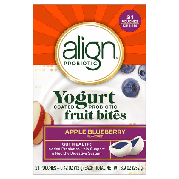 Align Probiotic, Yogurt Coated Probiotic Fruit Bites, Added Probiotic Helps Support Digestive Health, Apple Blueberry Flavored, 21 Individually Wrapped Pouches, 105 Bites