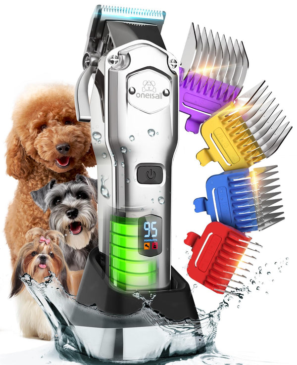oneisall Dog Clippers for Grooming Thick Hair Professional,Cordless/Low Noise Pet Grooming Kit with Detachable Metal Combs, Rechargeable Heavy-Duty Pet Clippers for Thick/Curly/Fine/Wavy Hair (Sliver)