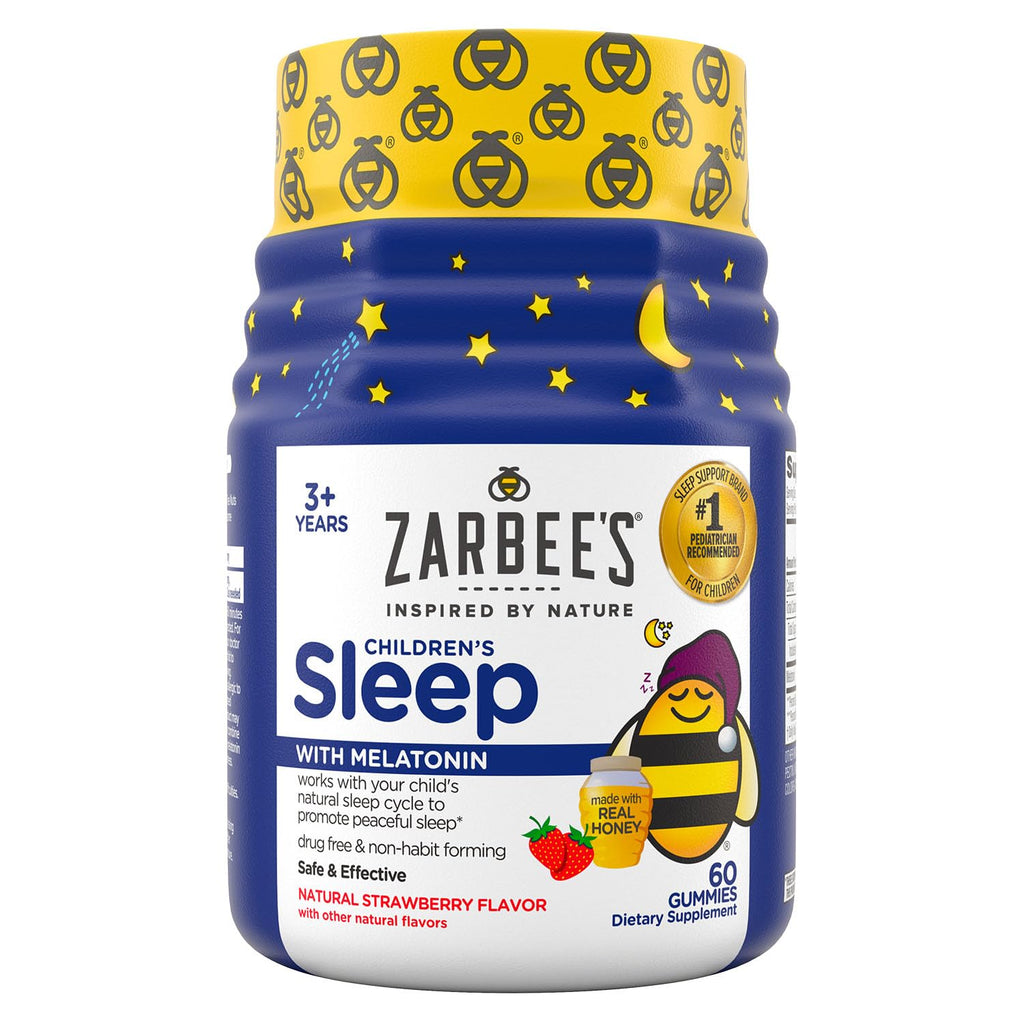 Zarbee's Children's Sleep Gummies with Melatonin, Non-Habit Forming Children's Sleep Gummies Work with Natural Sleep Cycles to Promote Peaceful Sleep, Drug-Free, Natural Strawberry, 60 ct