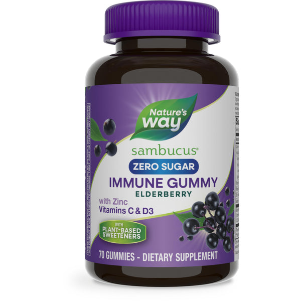 Nature’s Way Sambucus Zero Sugar Immune Gummies, Daily Immune Support*, Black Elderberry Extract, Vitamin C, Vitamin D3, Zinc, Sugar Free, Sugar Alcohol Free, Plant-Based Sweeteners, 70 Gummies