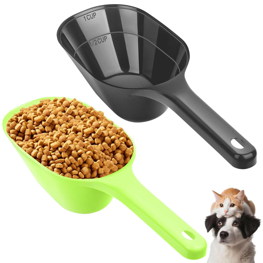 Aosnare 2 PACK Dog Food Scoop,1 Cup Capacity Pet Food Scoop With Measuring Lines For Dog, Puppy and Cat (Green and Black)