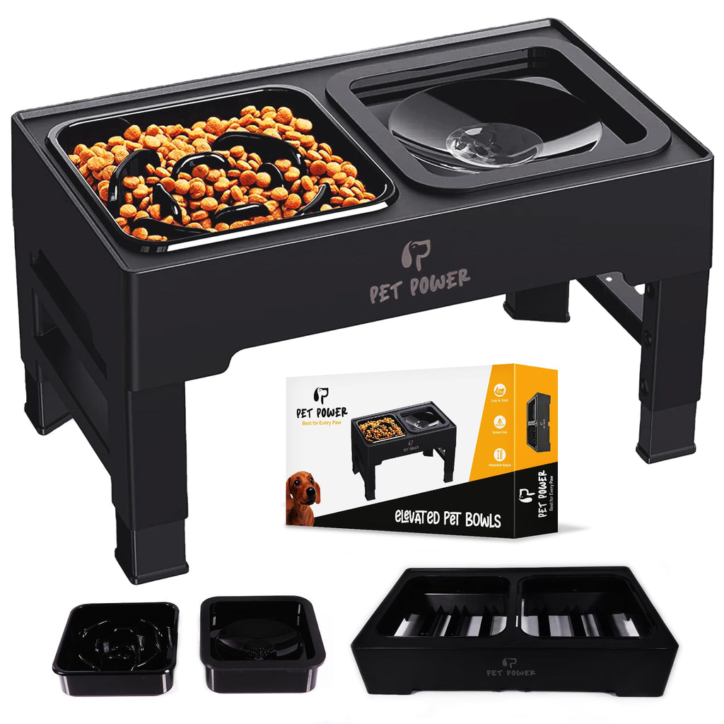 PET POWER Dog Bowls Elevated, 4 Adjustable Height Raised Dogs Bowl with No-Spill Water Dish & Slow Feeder, Non-Slip Food & Water Bowl for Small Medium Large Dogs, 2-in-1 Elevated Slow Feeder Dog Bowls