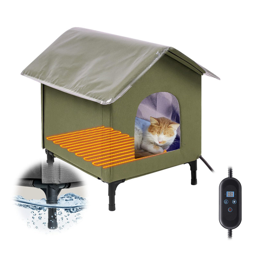 Becuddler Large Heated Cat House for Outside, Insulated Weatherproof Outdoor Feral Cat House with Timer & Adjustable Temperature Heater Pad, Elevated Pet House with Escape Door for Winter, Barn, Porch