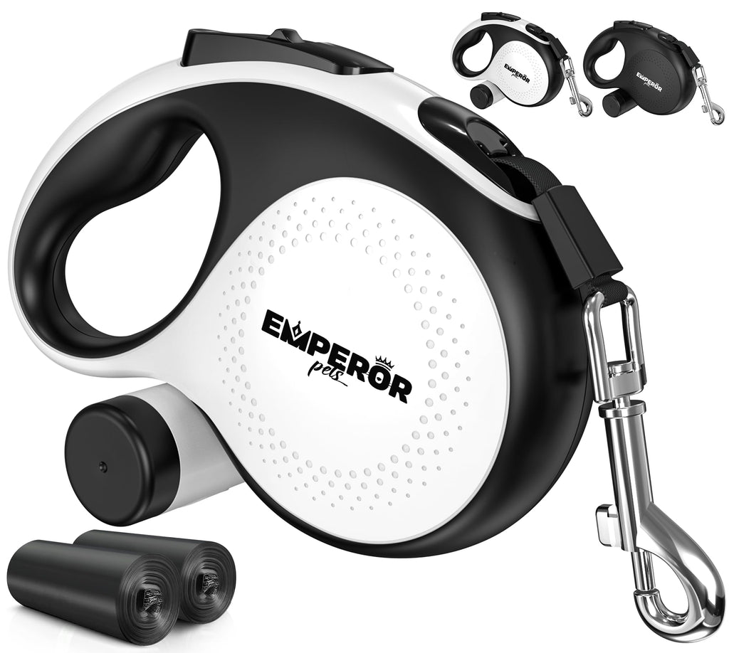 Emperor Pets 26 ft Retractable Dog Leash White - Heavy Duty Retractable Pet Leash with Anti-Slip Grip - Reflective Dog Leash Tape for Medium to Large Dogs up to 110 lbs -Aura BW26