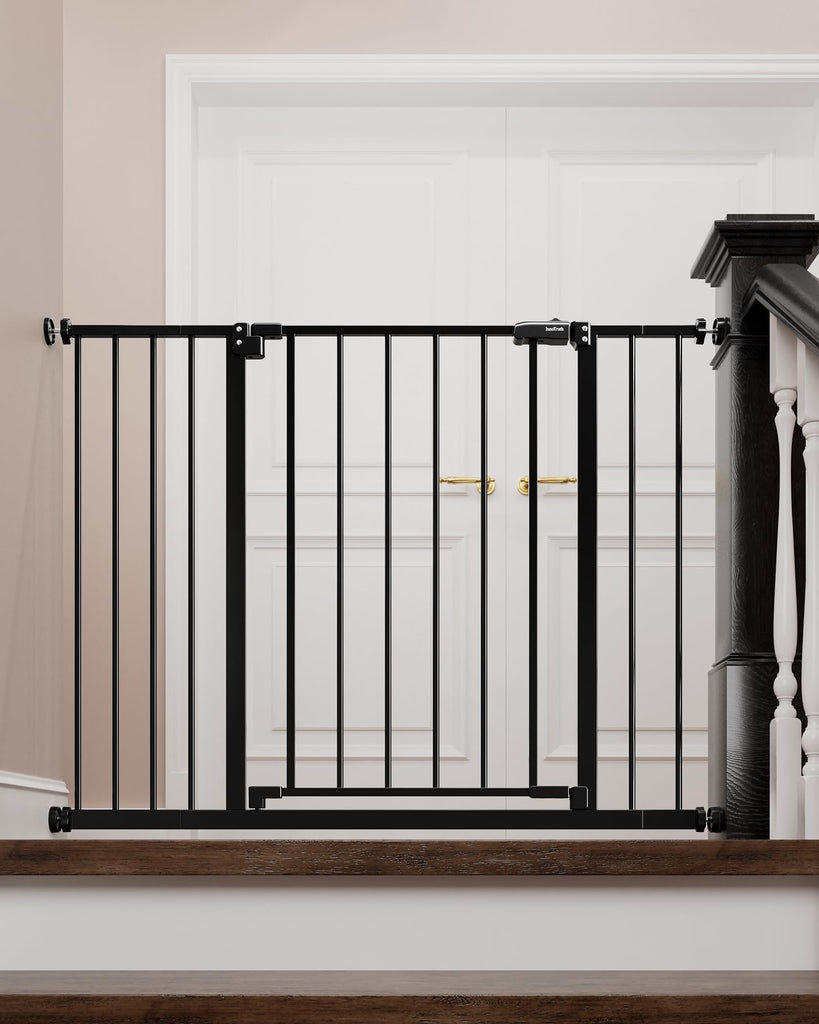 InnoTruth Baby Gate for Stairs 28.9-42.1" Wide, 30" Tall Easy Step Walk Through Expandable Dual Lock Dog Gates for The House，Gift for Mom，Pressure Mounted Easy Install Pet Gate for Doorways, Black