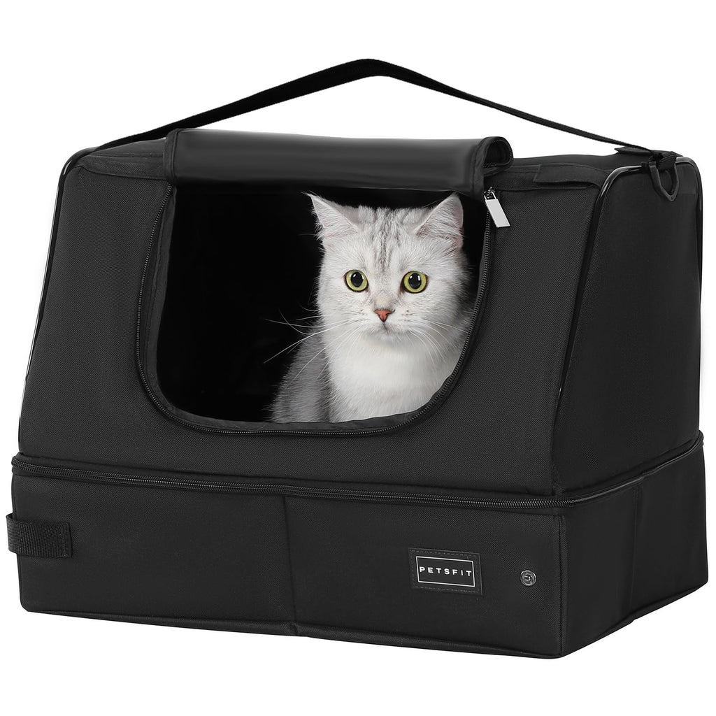 PETSFIT Portable Cat Litter Box - Removable 2-Layer Leak-Proof Lining, Scratch-Resistant Fabric with Sturdy Support Frame, Travel & Collapsible Cat Litter Box Black