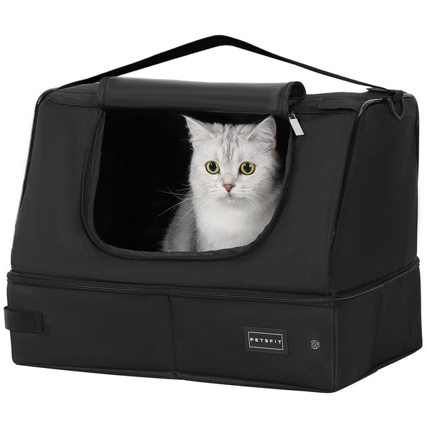 PETSFIT Portable Cat Litter Box - Removable 2-Layer Leak-Proof Lining, Scratch-Resistant Fabric with Sturdy Support Frame, Travel & Collapsible Cat Litter Box Black