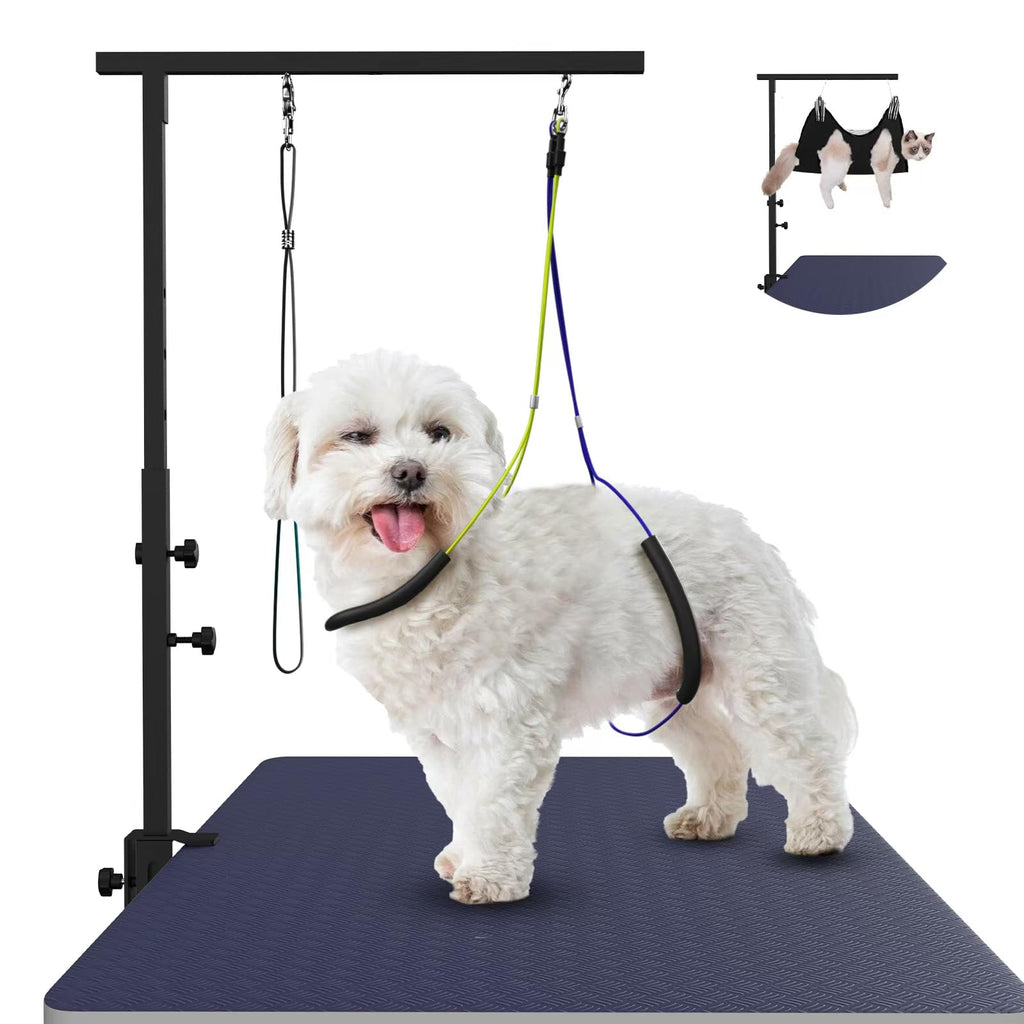 Haligo Dog Grooming Arm with Hammock, Adjustable Pet Grooming Stand with Clamp, Nooses & No-Sit Haunch Holder, Stainless Steel Grooming Restraint for Small Medium Dogs/Cats at Home