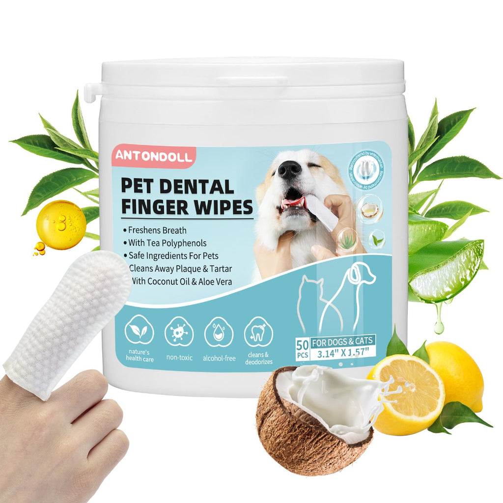 ANTONDOLL Dog Teeth Cleaning Wipes - Pet Dental Finger Wipes for Dogs & Cats - Dog Tooth Brushing Kit Dental Wipes - Reduces Plaque & Freshens Breath 50Pcs