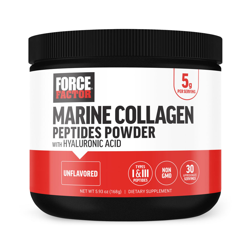FORCE FACTOR Marine Collagen Powder for Women and Men, Marine Collagen Peptides Type I & III with Hyaluronic Acid to Support Healthy Hair, Skin, Nails, Bones, and Joints, Unflavored, 30 Servings
