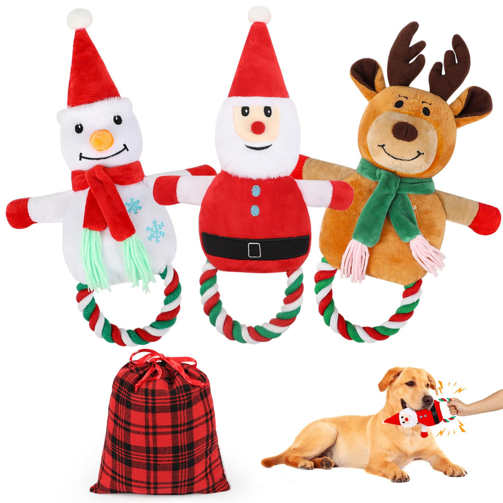 Vivifying Christmas Dog Toys, 3-Pack Plush Squeaky Toys for Small & Medium Dogs - Interactive Dog Chew Rope for Holiday Fun & Mental Stimulation (Red&Brown&White)