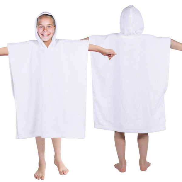 Superior Kids Cotton Terry Poncho, Soft, Absorbent Bath Towel with Hood, Bathroom Accessories, Long, Plush Bathrobes for Bath, Shower, Spa, Resort, Hotel, Beach, Pool, Boy, Girl, Large Size, White