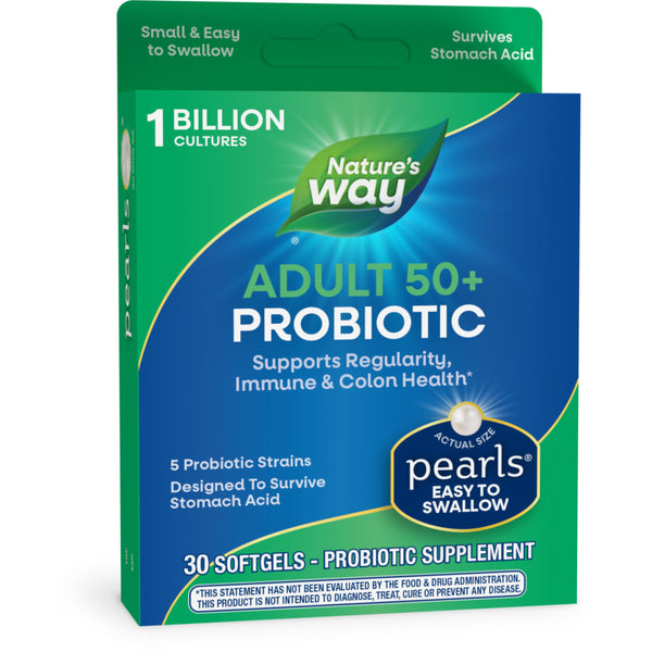 Nature's Way Adults 50+ Probiotic Pearls, Supports Regularity, Immune and Colon Health*, 1 Billion Cultures, No Refrigeration Required, 30 Softgels (Packaging May Vary)