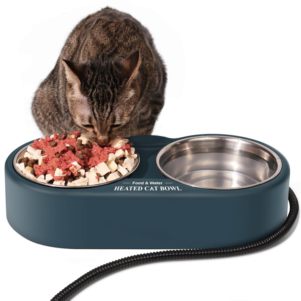 Heated Cat Bowl for Outside Cats in Winter, Provide Non-Freezing Food & Water, Outdoor Heated Water Bowl, Waterproof Heated Pet Bowl with 2 Stainless Steel Bowls for Kitty Feral Cat, 54 OZ 25 Watts