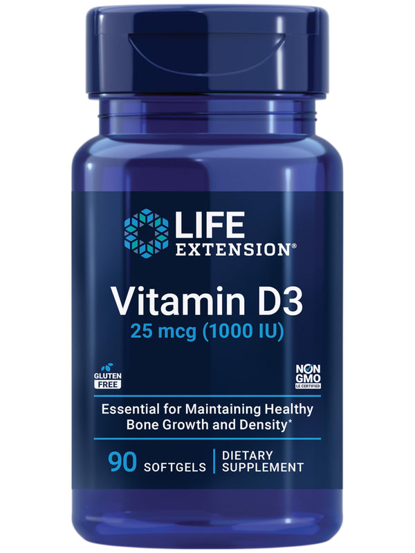 Life Extension Vitamin D3 25 mcg (1000 IU), Immune System Support, Bone Health, Whole-Body Health, Value Size, Gluten-Free, Non-GMO, 90 softgels