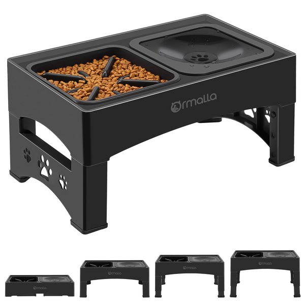 Ormalla Elevated Slow Feeder Dog Bowls, Adjustable Raised Dog Bowl with No-Spill Water Bowl, Non-Slip Stand for Large, Medium, Small Dogs - 4 Heights: 3.7", 8.5", 10.1", 11.7" - Black