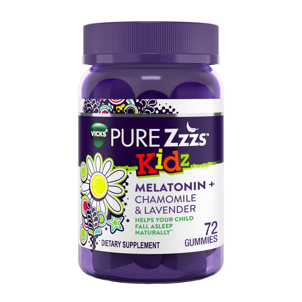 VICKS PURE Zzzs Kidz, Melatonin Sleep Aid Gummies for Kids and Children, Helps Your Child Fall Asleep Naturally, Low Dose Melatonin, 72 Gummies