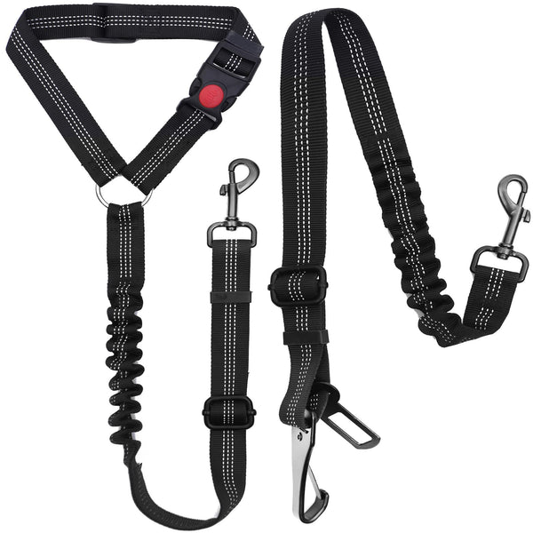Junreox 2 Packs Dog Seat Belt, 3rd Generation Dog Seatbelt Harness with Adjustable Metal Buckle, Elastic Bungee Reflective Vehicle Car Headrest Restraint Tether for Small Medium Large Pet