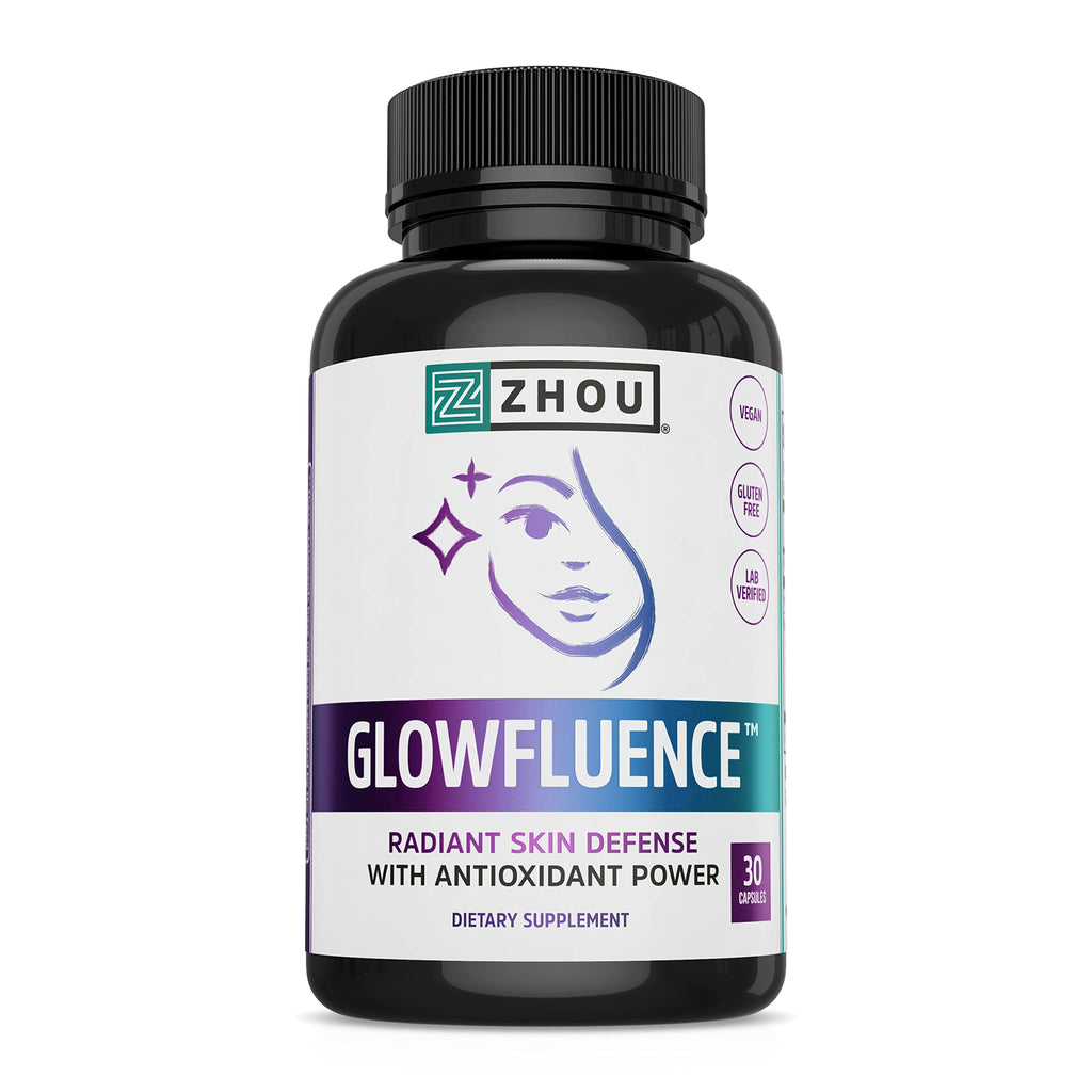 Zhou Glowfluence Hyaluronic Acid Supplement with Vitamin C and Antioxidants, Skin Elasticity and Firmness Support for Youthful Radiant Skin, Blended Supplement for Beautiful Glow, 30 Veg Caps