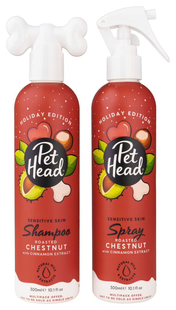 Pet Head Festive Dog Shampoo and Spray Set | Roasted Chestnut with Cinnamon Scent |Christmas Shampoo for Dogs with Sensitive Skin | Vegan | Gentle Formula for Puppies | Made in USA | 10.1 fl. oz. each