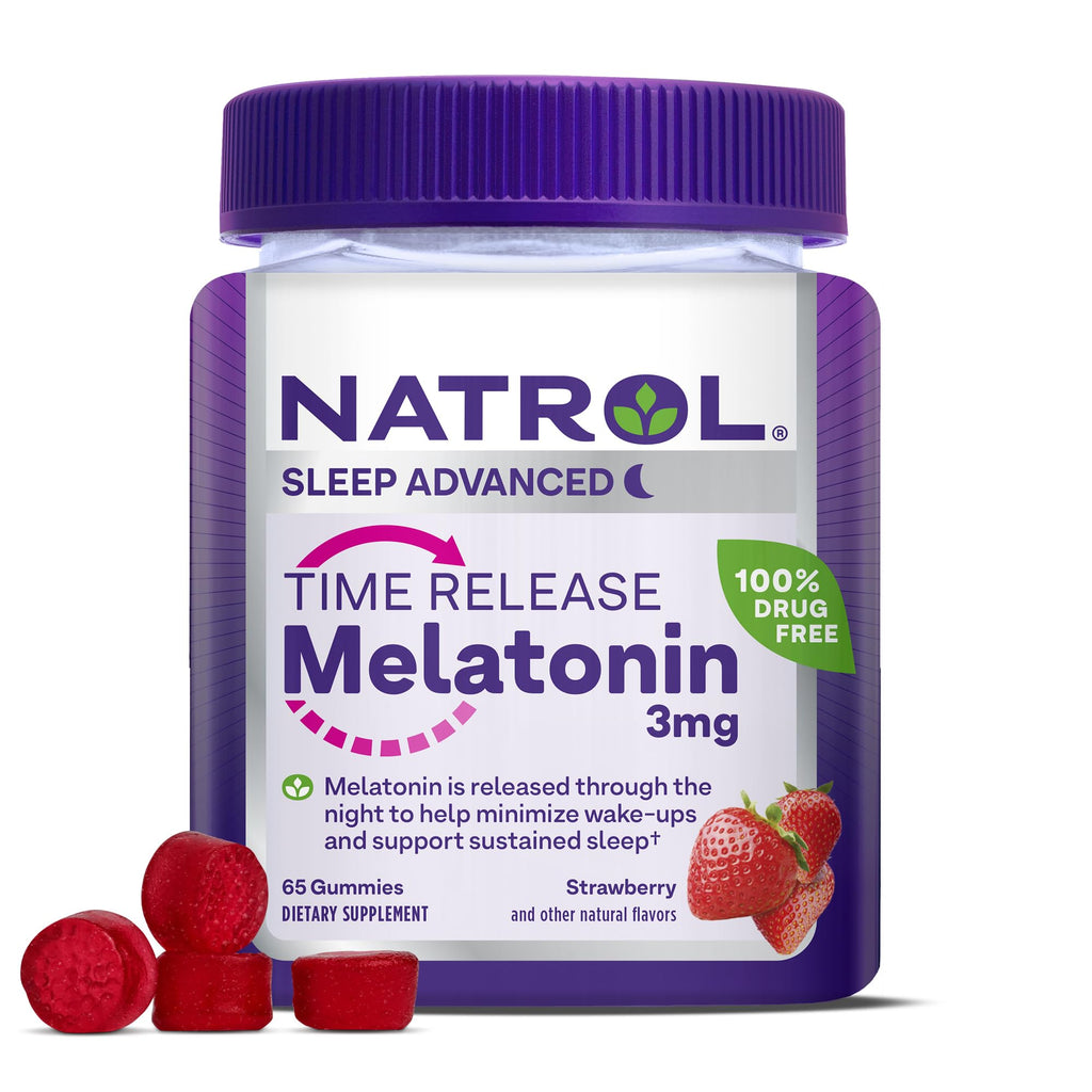 Natrol Time Release Melatonin Gummies, Sleep Support for Adults, 3 mg Melatonin Supplements for Sleep Support, 65 Strawberry-Flavored Sleep Gummies, Up to a 65 Day Supply