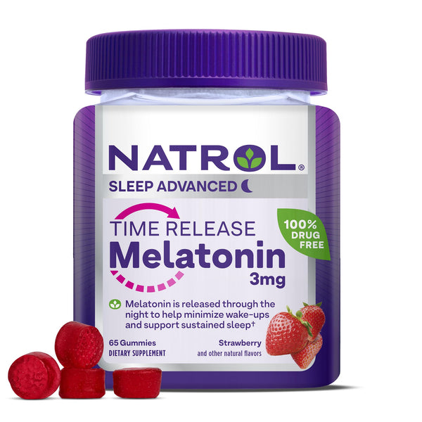 Natrol Time Release Melatonin Gummies, Sleep Support for Adults, 3 mg Melatonin Supplements for Sleep Support, 65 Strawberry-Flavored Sleep Gummies, Up to a 65 Day Supply