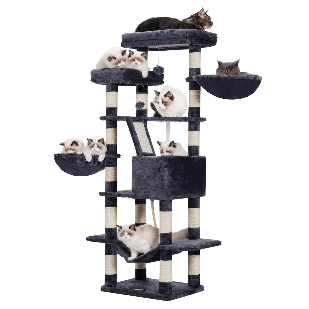 Heybly Cat Tree, 68 inch Multi-Level Cat Tower for Indoor Cats, 2 Widened Plush Perches Cat Condo with Scratching Board and Big Caves, Smoky Gray HCT025G