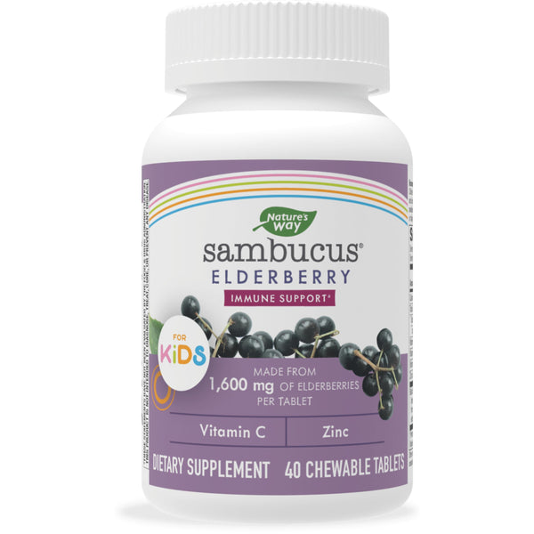 Nature's Way Sambucus Elderberry Kids Chewable Tablets, for Kids Ages 2+, with Vitamin C & Zinc for Immune Support*, Gluten free, 40 Chewable Tablets