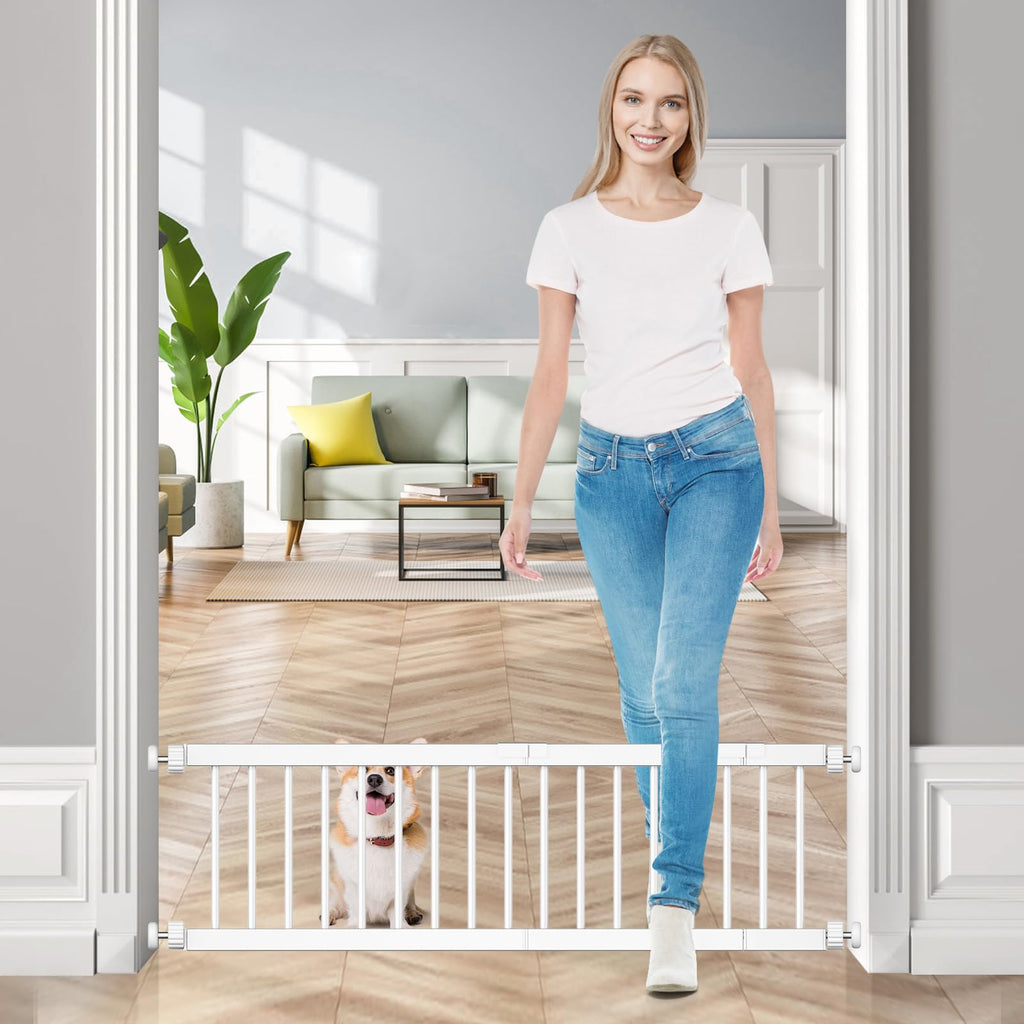 Fldofaves Dog Gate - 18"-45" Adjustable Extra Wide Metal Short Dog Gate to Step Over, 10" Tall Small Pet Gate with 3 Extension Kits, Pressure Mounted for Doorways & Stairs
