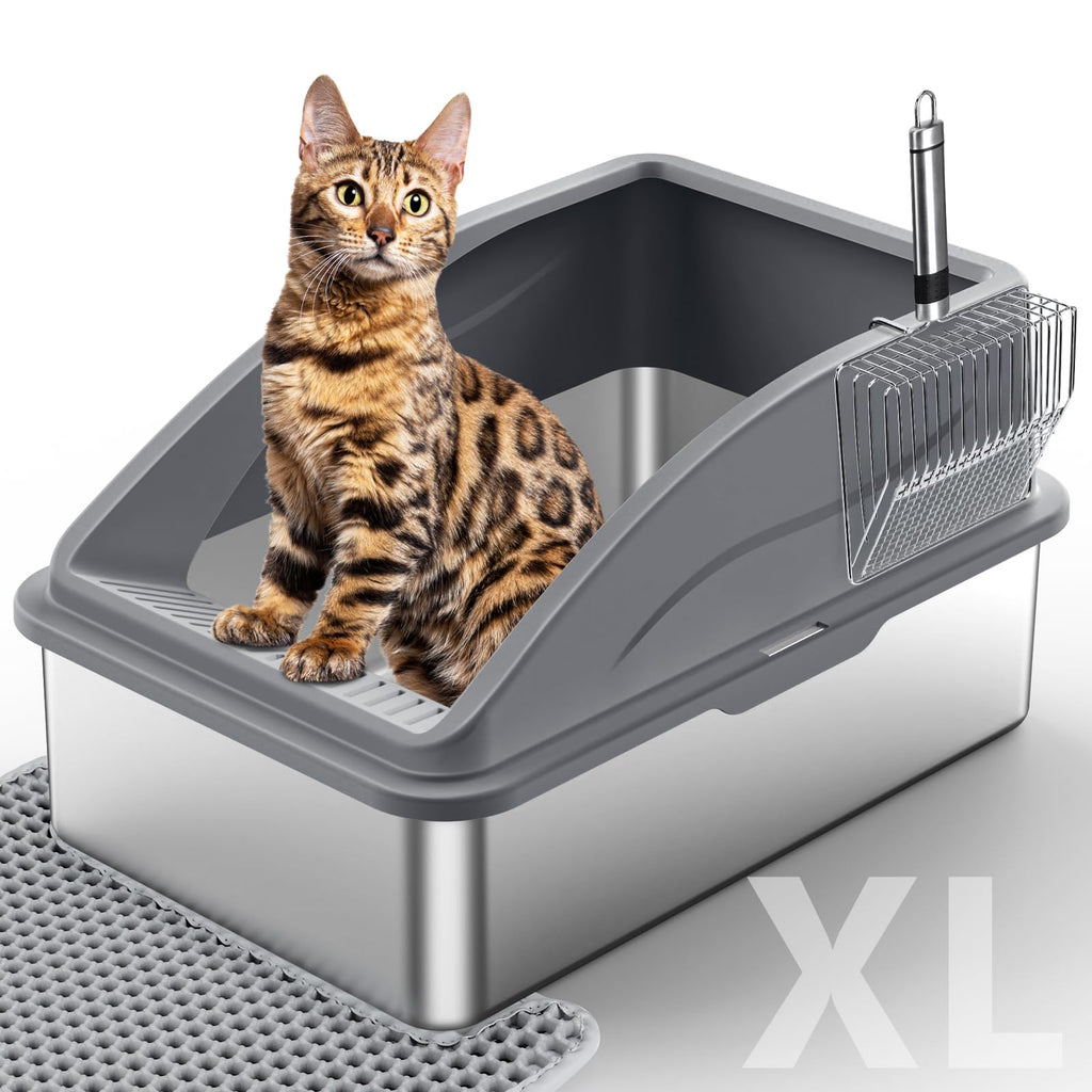Stainless Steel Litter Box, Extra Large Litter Boxes for Big Cats, XL Metal Cat Litter Box with Lid, Anti-Urine Leakage, Non-Sticky, Include Cat Mat and Litter Scoop