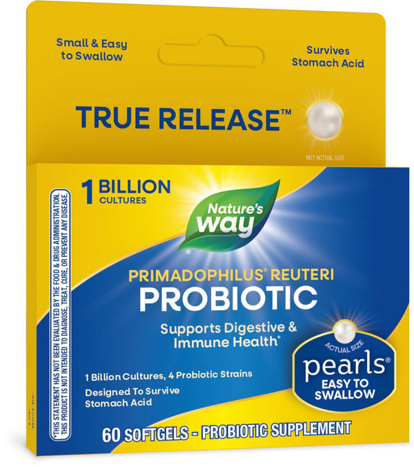 Nature's Way Primadophilus Reuteri Probiotic Pearls for Men and Women, Digestive and Immune Health*, 1 Billion Culture, 4 Probiotic Strains, Survives Stomach Acid, 60 Softgels (Packaging May Vary)