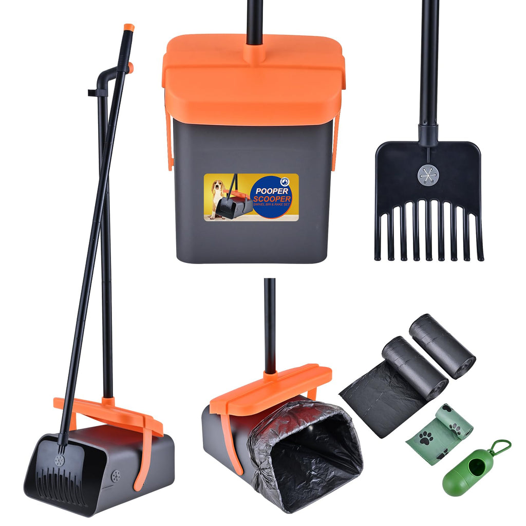 ilongood Pooper Scooper Swivel Bin & Rake Kit with 55 Waste Bags, 46" Long Handle Adjustable Portable Non-Breakable Dog Pooper Scooper Easy to Clean Pet Waste