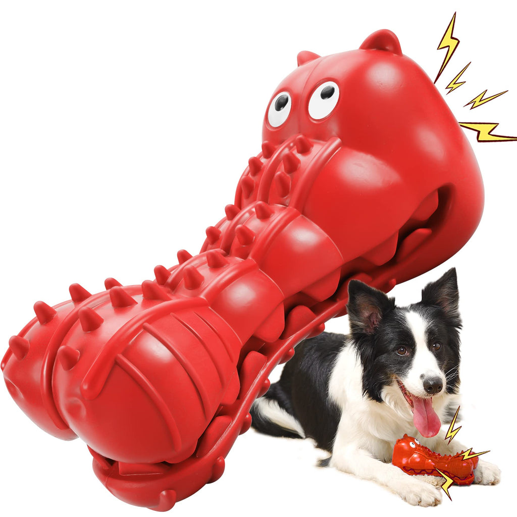 Rmolitty Squeaky Dog Toys for Aggressive Chewers, Tough Indestructible Chew Toys for Large Medium Breed Dog with Non-Toxic Natural Rubber (Hippo-red)
