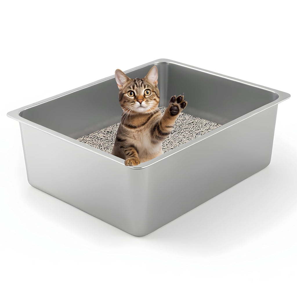 Kirecoo Stainless Steel Cat Litter Box - Metal High Sided Cat Pan, Large Stainless Steel Box, Indoor Litter Tray, Non Stick, No Smell, Easy to Clean, Pet Toilet Supplies for Kitten, Kitty, Rabbit