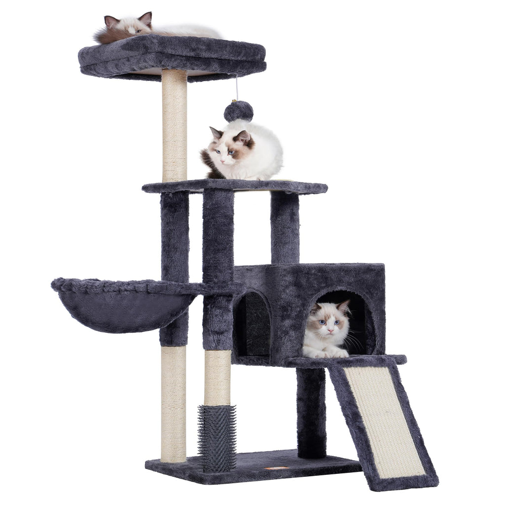 Heybly Cat Tree with Cat Self Groomer Brush, Cat Tower Condo for Indoor Cats with Padded Plush Perch,Cat House with Basket Scratching Board Post, Smoky Gray HCT005SG