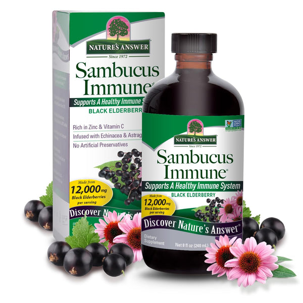 Nature's Answer Alcohol-Free Sambucus Immune Support, 8 Fluid Ounce - Made from 12,000 mg Black Elderberry, Infused with Echinacea and Astragalus Zinc and Vitamin C