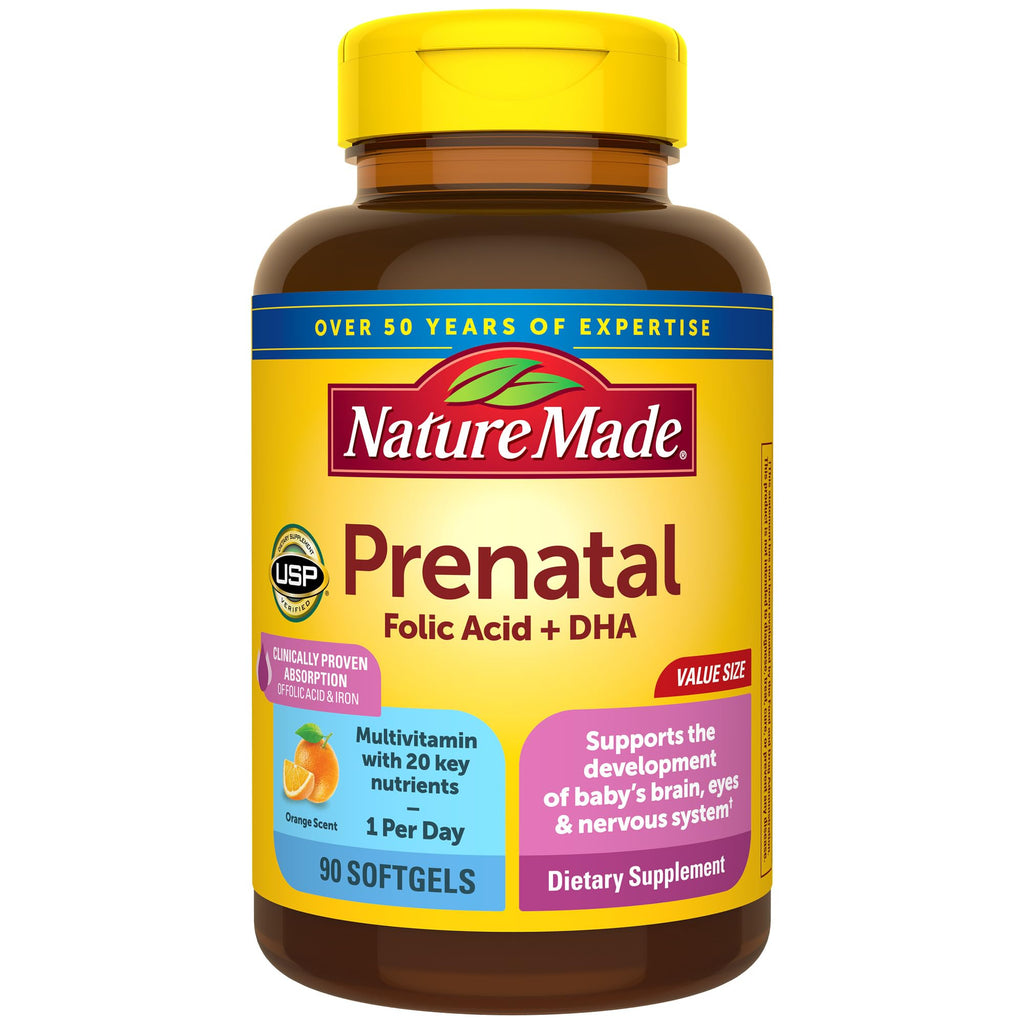 Nature Made Prenatal with Folic Acid + DHA, Prenatal Vitamin and Mineral Supplement for Daily Nutritional Support, 90 Softgels, 90 Day Supply