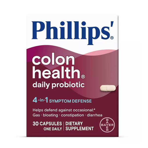 Phillips' Colon Health Daily Probiotic Capsules, 4-in-1 Symptom Defense to Help Defend Against Occasional Gas, Bloating, Constipation, and Diarrhea, Daily Supplement, 60 Count