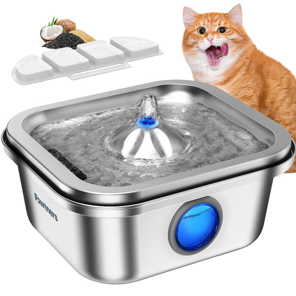 Cat Water Fountain Stainless Steel, 4L/135oz Pet Fountain, Automatic Dog Drinking Dispenser with Water Level Window, Filter, Quiet Pump, Silver
