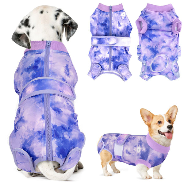 Lukovee Recovery Suit for Dogs, Zipper On Recovery Suit for Female Male Dog, Onesie Abdominal Wounds Cone E-Collar Alternative Prevent Licking Spay Recovery Suit (Small, Purple Tie-dye)